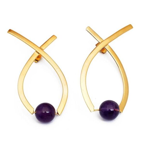 Semi-Abstract Gold-Plated Drop Earrings with Amethyst Gems 'Sagacious Ribbon' Semi-Abstract Gold-Plated Drop Earrings with Amethyst Gems 'Sagacious Ribbon'