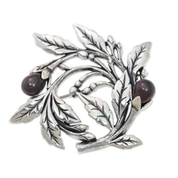 Sterling Silver Floral Brooch Pin with Cultured Black Pearls 'Ebony Buds'