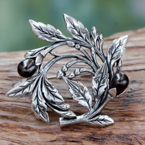 Sterling Silver Floral Brooch Pin with Cultured Black Pearls 'Ebony Buds'