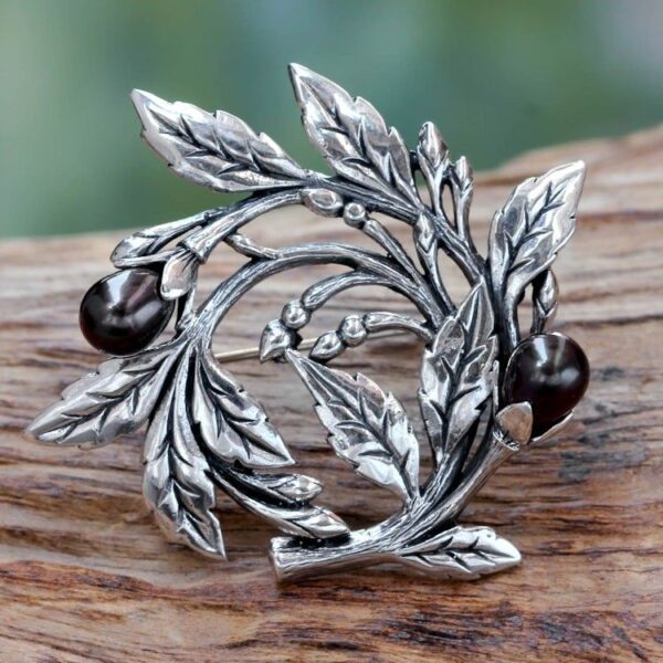 Sterling Silver Floral Brooch Pin with Cultured Black Pearls 'Ebony Buds'
