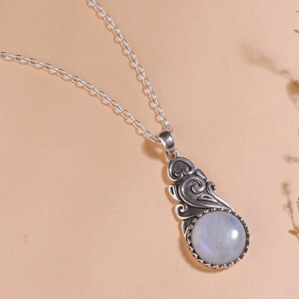 Swirl Vine-Themed Rainbow Moonstone Silver Pendant Necklace 'Misty Bloom' Swirl Vine-Themed Rainbow Moonstone Silver Pendant Necklace 'Misty Bloom'