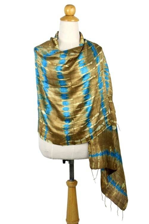 Tie-Dyed Silk Shawl in Sand and Cyan Stripes from Thailand 'Shifting Sands'