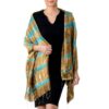 Tie-Dyed Silk Shawl in Sand and Cyan Stripes from Thailand 'Shifting Sands'