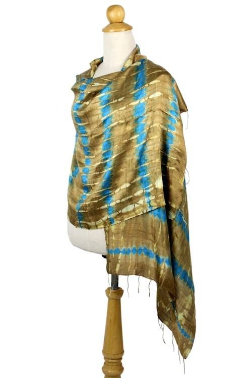 Tie-Dyed Silk Shawl in Sand and Cyan Stripes from Thailand 'Shifting Sands'