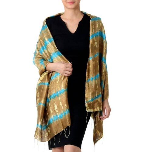 Tie-Dyed Silk Shawl in Sand and Cyan Stripes from Thailand 'Shifting Sands' Tie-Dyed Silk Shawl in Sand and Cyan Stripes from Thailand 'Shifting Sands'