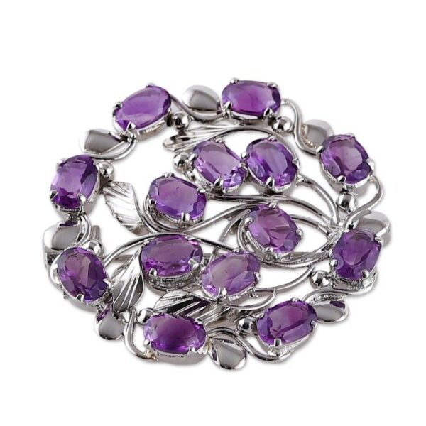 Vine-Themed Rhodium-Plated 14-Carat Oval Amethyst Brooch Pin 'Immaculate Purple'