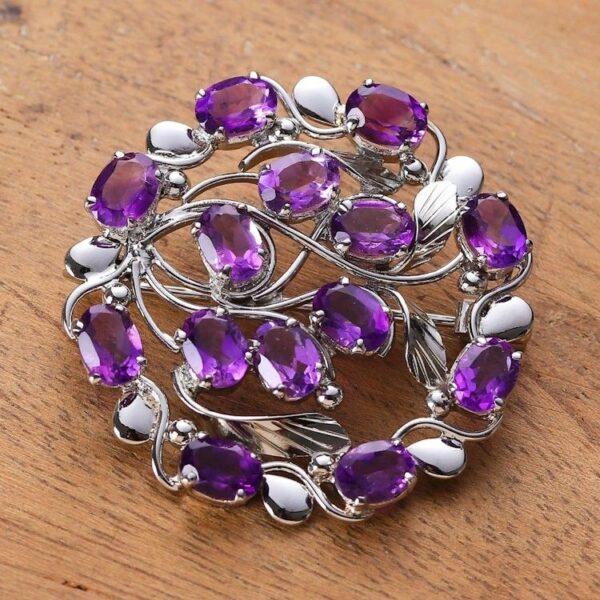 Vine-Themed Rhodium-Plated 14-Carat Oval Amethyst Brooch Pin 'Immaculate Purple'