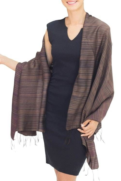 Women's Woven Silk and Cotton Striped Shawl in Umber 'Romance in Umber'