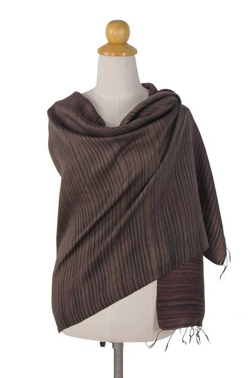 Women's Woven Silk and Cotton Striped Shawl in Umber 'Romance in Umber'