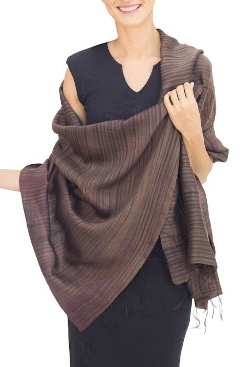 Women's Woven Silk and Cotton Striped Shawl in Umber 'Romance in Umber' Women's Woven Silk and Cotton Striped Shawl in Umber 'Romance in Umber'